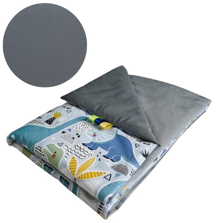 Gyerek takaró, dinoszauruszok, 75 cm x 100 cm, bélelt, pamut és velúr anyag, Oeko-Tex tanúsítvány, kétoldalas, kék/grafit