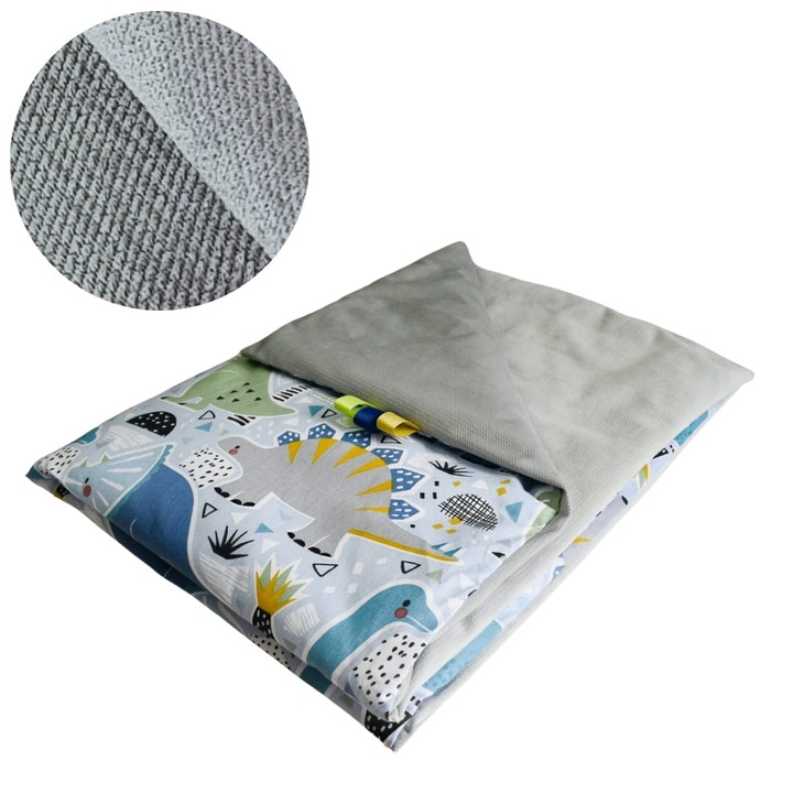 Gyerek takaró, dinoszauruszok, 75 cm x 100 cm, pamut, bársony anyag, Oeko-Tex® Standard 100 tanúsítvány, kétoldalas, puha és finom, kék/szürke