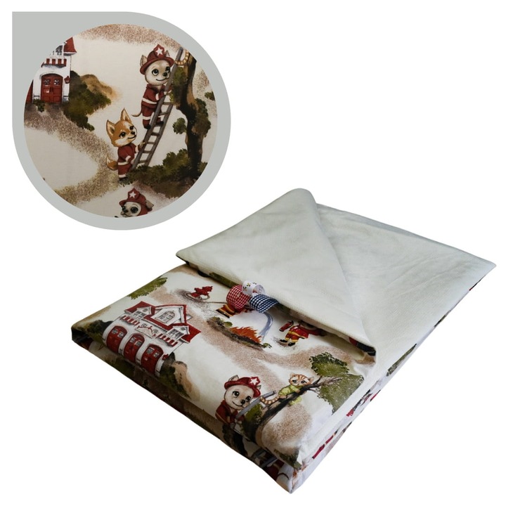 Gyermek takaró, Tűzoltó kutya, 75 cm x 100 cm, Pamut és bársony, Dupla arcú, Oeko-Tex Standard 100 tanúsítvány, Szenzoros címkék, Krém