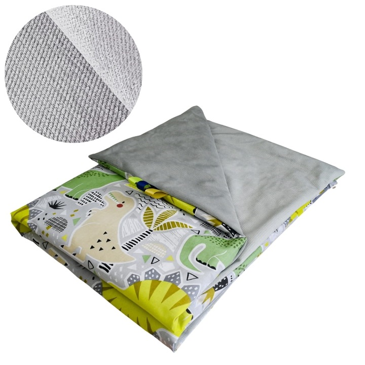 Gyermek takaró, dinoszauruszok, 75 cm x 100 cm, bélelt, pamut és velúr anyag, Oeko-Tex tanúsítvány, kétoldalas, szürke