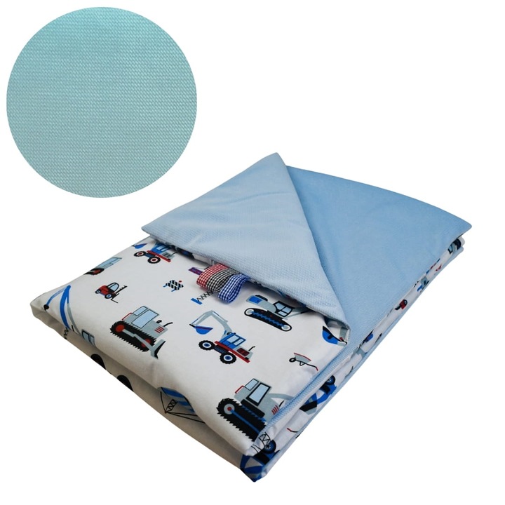 Gyermek takaró, markológépek, 75 cm x 100 cm, bélelt, pamut és velúr anyagból, Oeko-Tex tanúsítvánnyal, kétoldalas, kék/fehér