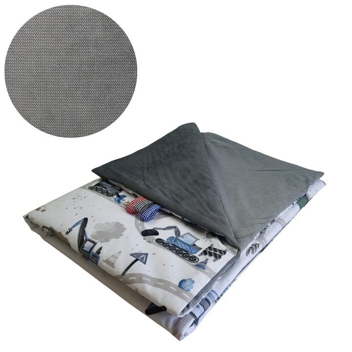 Gyerek takaró, markológépek, 75 cm x 100 cm, meleg, pamut és velúr anyag, Oeko-Tex tanúsítvánnyal, kétoldalas, kék/grafit