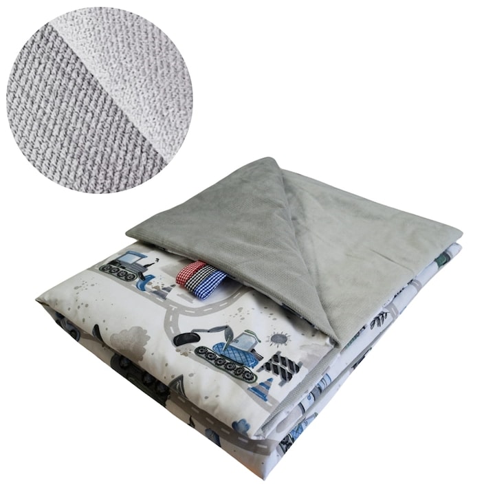 Gyerek takaró, markoló, 75 cm x 100 cm, pamut, bársony, szigetelt, Oeko-Tex Standard 100 minősítés, kék/szürke