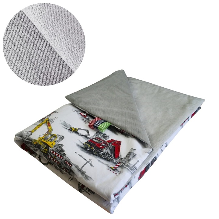 Gyerek Takaró, Építőipari Járművek, 75 cm x 100 cm, 100% Pamut, Pamut és Velúr Anyag, Oeko-Tex Tanúsítvánnyal, Kétoldalas, Szürke