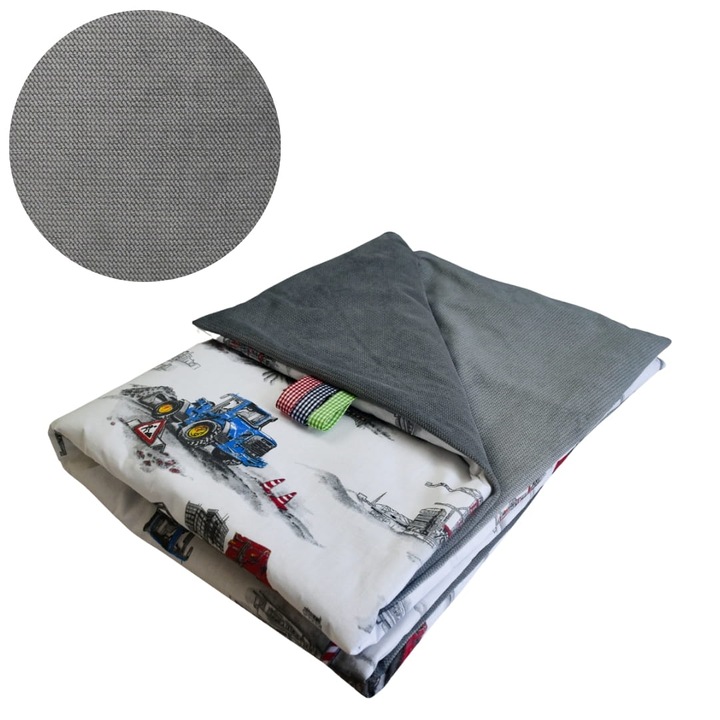 Gyermek takaró, Építőipari gépek, 75 cm x 100 cm, Szigetelt, Pamut és velúr anyag, Oeko-Tex tanúsítvánnyal, Kétoldalas, Grafit