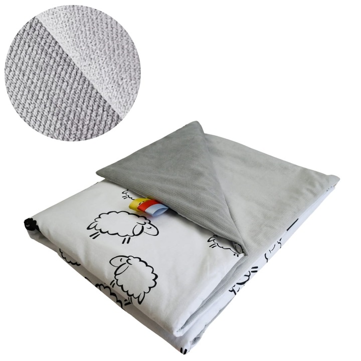 Gyerek takaró, bárányos, 75 cm x 100 cm, pamut és velúr anyag, Oeko-Tex® Standard 100 minősítés, megfordítható takaró, puha és finom, fehér/szürke