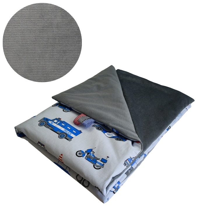 Patura Pentru Copii, Politie, 75 cm x 100 cm, Captusita, Material 100% Bumbac, Doua Fete, Certificat Oeko-Tex Standard 100, Gri/Grafit