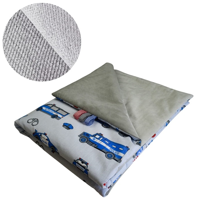 Gyermek takaró, Rendőrség, 75 cm x 100 cm, Pamut és velúr anyag, Oeko-Tex® Standard 100 tanúsítvány, Kétoldalas, Puha és finom, Szürke
