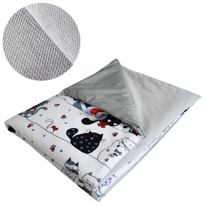 Gyermek takaró, Őrült Macskák, 75 cm x 100 cm, Steppelt, Pamut és Velúr anyag, Oeko-Tex minősítés, Kétoldalas, Szürke