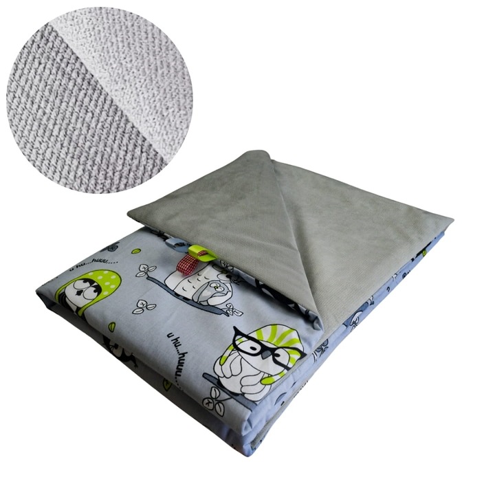 Gyerek takaró, Őrült baglyok, 75 cm x 100 cm, Pamut és velúr anyag, Oeko-Tex® Standard 100 tanúsítvánnyal, Megfordítható takaró, Puha és finom, Szürke