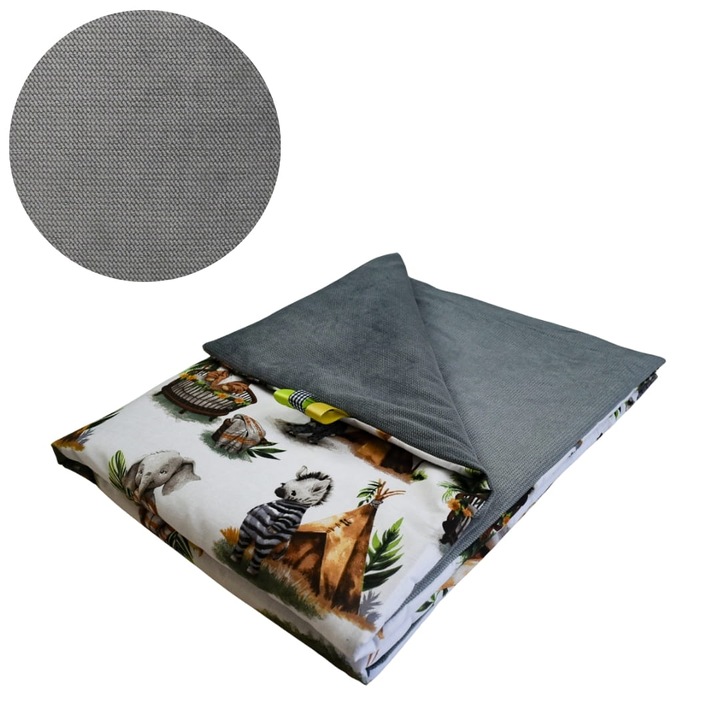 Gyermek takaró, Állat mintás, 75 cm x 100 cm, Steppelt, 100% pamut anyag, Állat minta, Oeko-Tex Standard 100 tanúsítvány, Grafit