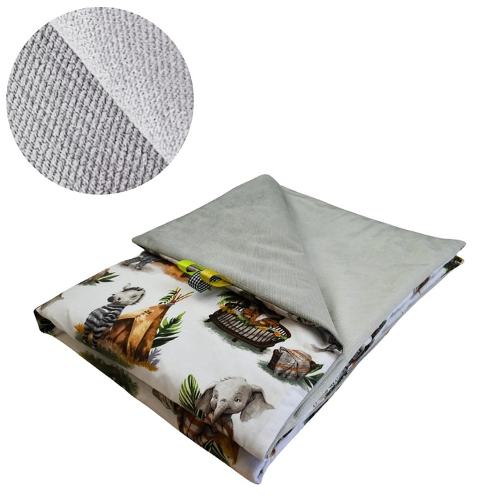 Gyerek takaró, állatmintás, 75 cm x 100 cm, steppelt, pamut és velúr anyag, Oeko-Tex® Standard 100 tanúsítvánnyal, kétoldalas, szürke