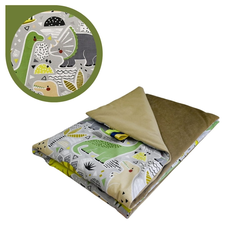 Gyerek takaró, dinoszauruszok, 75 cm x 100 cm, pamut/velúr, kétoldalas, Oeko-Tex Standard 100 tanúsítvánnyal, szenzoros címkék, zöld/bézs