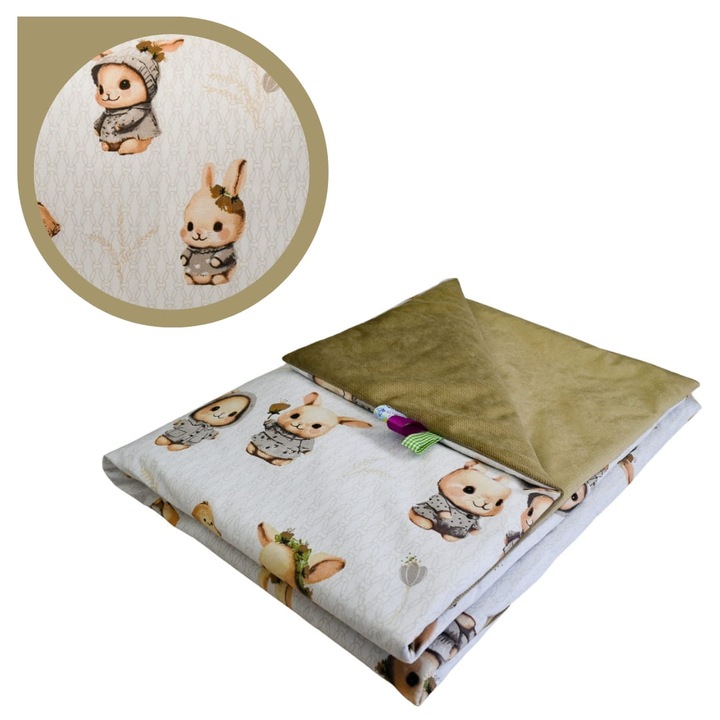 Gyerek takaró, Nyuszik, 75 cm x 100 cm, Pamut és Velúr anyag, Oeko-Tex® Standard 100 tanúsítvány, Megfordítható takaró, Átlátszatlan, Kellemes tapintású, Bézs