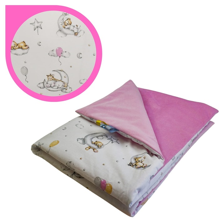 Gyerek Takaró, Holdon Alvó Macik, 75 cm x 100 cm, Pamut és Bársony, Oeko-Tex® Standard 100 Tanúsítvány, Kétoldalas, Puha és Finom, Rózsaszín