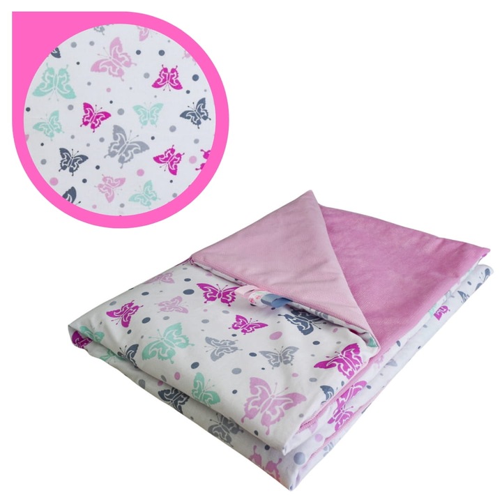 Gyerek takaró, pillangós, 75 cm x 100 cm, pamut, velúr, kétoldalas, Oeko-Tex Standard 100 tanúsítvány, rózsaszín