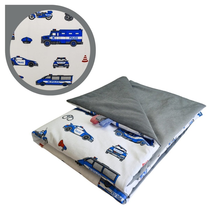 Gyerek takaró, Rendőr, 75 cm x 100 cm, Pamut és bársony anyag, Oeko-Tex® Standard 100 tanúsítvány, Megfordítható takaró, Puha és finom, Fehér/Grafit