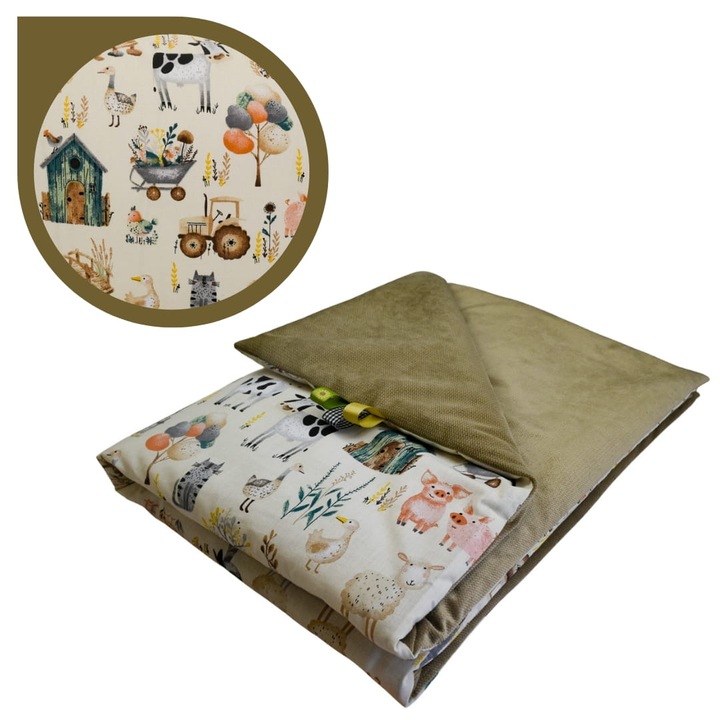 Patura Pentru Copii, Ferma Retro, 75 cm x 100 cm, Bumbac, Velur, Dubla Fata, Certificat Oeko-Tex Standard 100, Bej