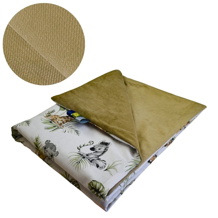 Gyerek takaró, afrikai állatok, 75 cm x 100 cm, bélelt, pamut és velúr anyag, Oeko-Tex® Standard 100 tanúsítvány, kétoldalas, bézs