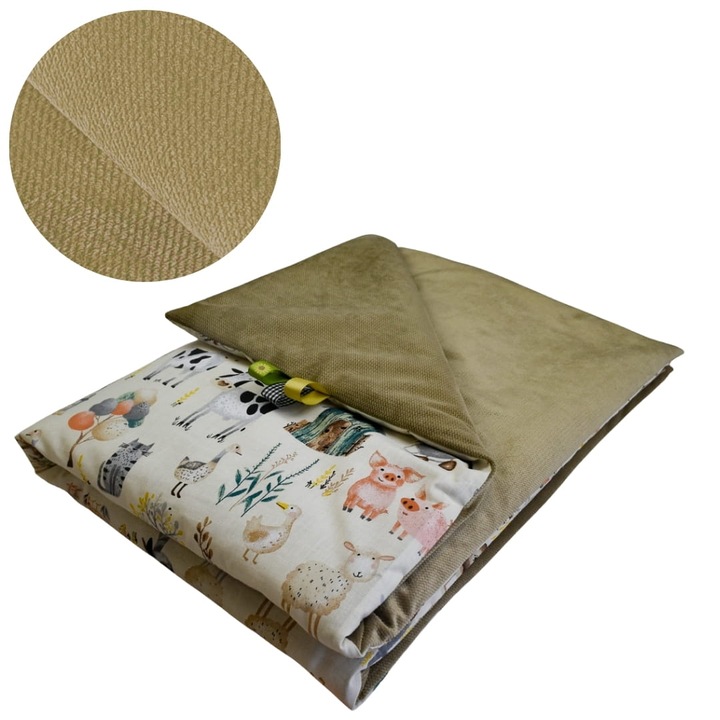 Gyermek takaró, Retro tanya, 75 cm x 100 cm, szigeteléssel, pamut és bársony anyagból, Oeko-Tex tanúsítvánnyal, kétoldalas, bézs