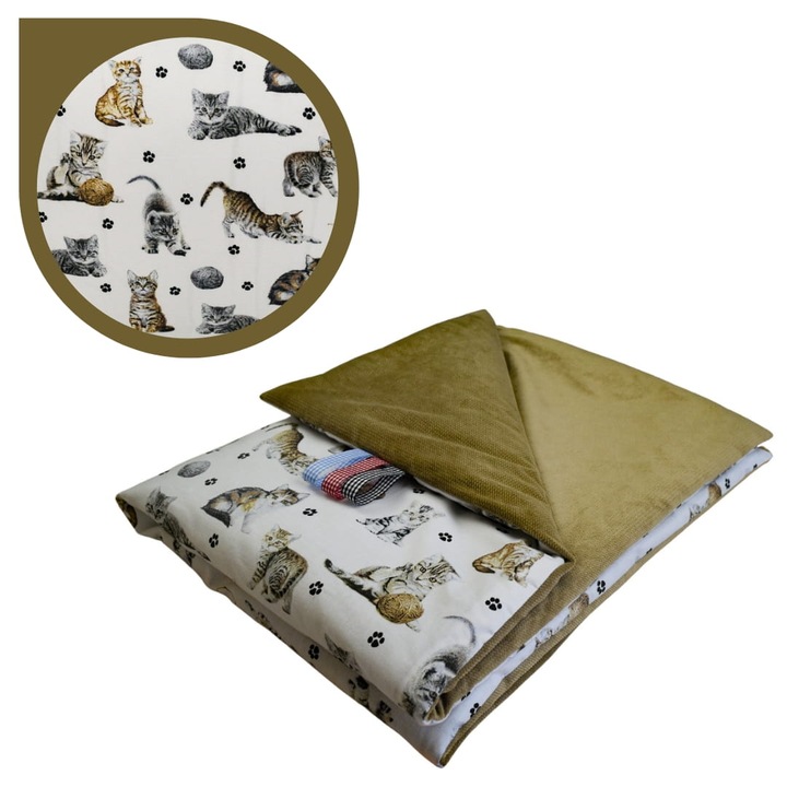 Gyerek takaró, macskák, 75 cm x 100 cm, pamut/velúr, Oeko-Tex® Standard 100 tanúsítvánnyal rendelkező termék, dupla takaró, puha és finom, fehér/bézs
