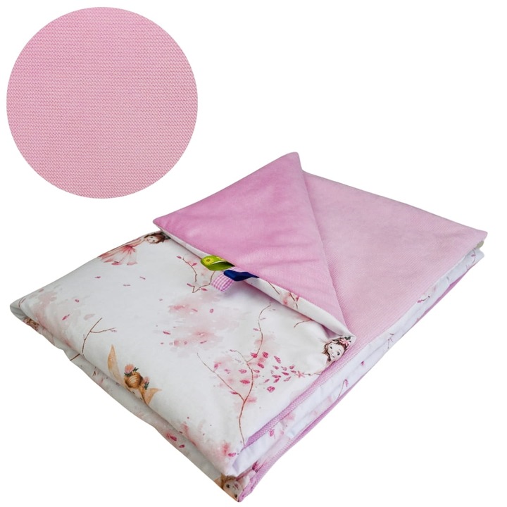 Gyermek takaró, Calineczka, 75 cm x 100 cm, Bélelt, Pamut és velúr anyag, Oeko-Tex tanúsítvánnyal, Kétoldalas, Rózsaszín