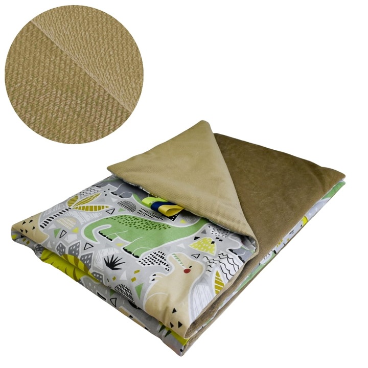 Gyerek takaró, dinoszauruszok, 75 cm x 100 cm, bélelt, pamut és velúr anyag, Oeko-Tex tanúsítvánnyal, kétoldalas, bézs