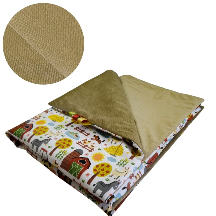 Gyerek takaró, bélelt, farmos, 75 cm x 100 cm, acélból, pamut és bársony anyagból, Oeko-Tex tanúsítvánnyal, kétoldalas, bézs