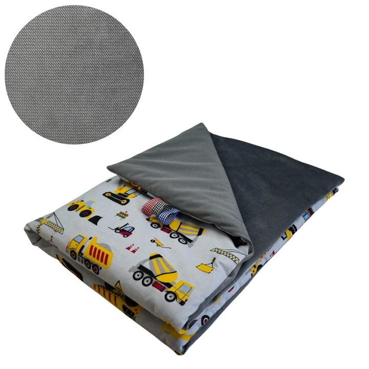 Gyerek takaró, markológépek, 75 cm x 100 cm, pamut és bársony anyag, szigetelt, kétoldalas, Oeko-Tex tanúsítvány, sárga, szürke/grafit