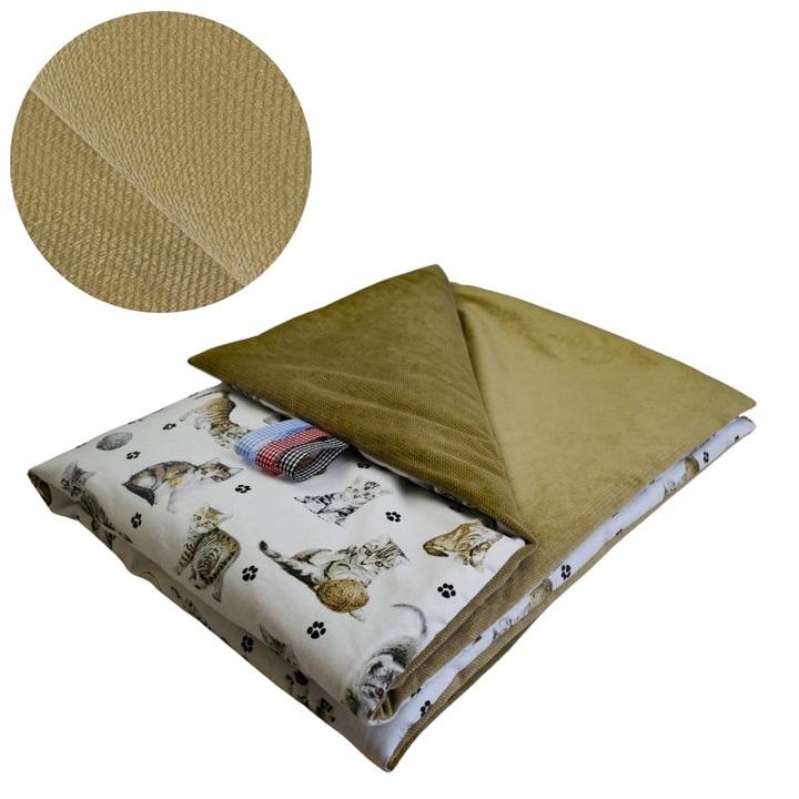 Gyermek, Macska Takaró, 75 cm x 100 cm, Bélelt, Pamut és Velúr Anyag, Oeko-Tex® Standard 100 Tanúsítvánnyal, Kétoldalas, Fehér/Bézs