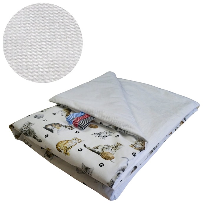 Patura Pentru Copii, Somn Profund, Pisici, 75 cm x 100 cm, Material Bumbac Si Velur, Certificat Oeko-Tex® Standard 100, Patura Reversibila, Moale Si Delicata, Alb/Alb
