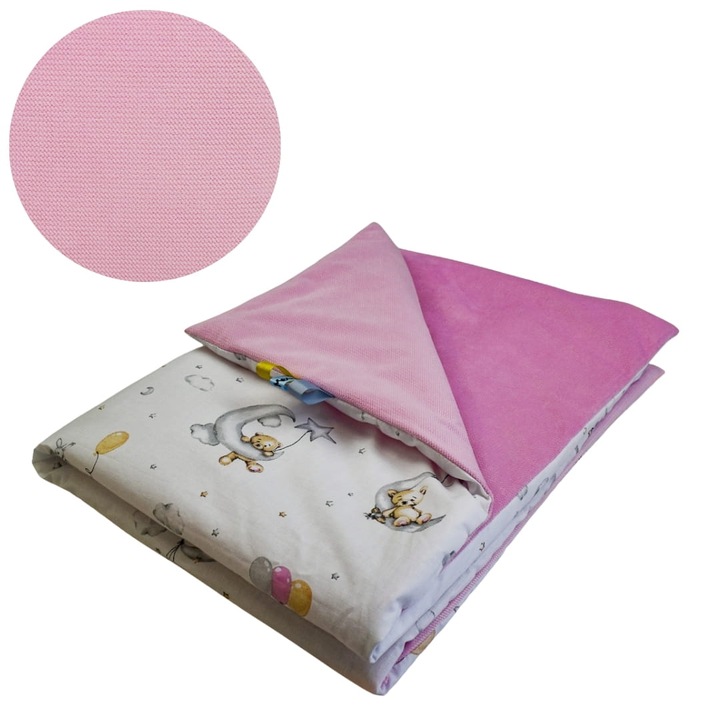 Gyerek takaró, Holdon ülő mackók, 75 cm x 100 cm, Steppelt, Pamut-bársony béléssel, Oeko-Tex Standard 100 minősítés, Szenzoros címkék, Rózsaszín