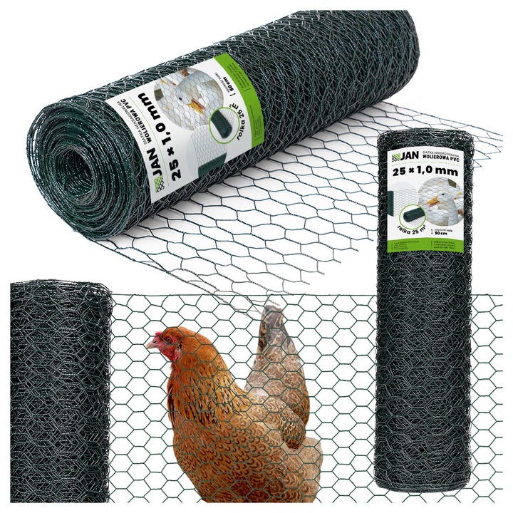 Plasa Pentru Voliera, ZPH JAN, 25 mmx50 cmx25 m, Sticla, Fir Cu Diametrul De 0.7 mm, marit La 1, 0 mm Datorita Acoperirii Pvc, Ochii Hexagonali 25 mm, montaj Usor, Verde