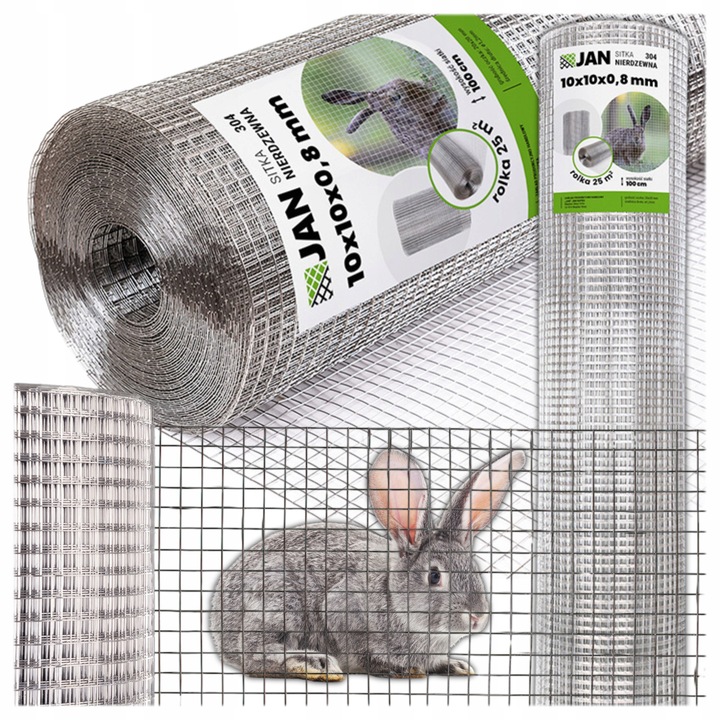 Hegesztett háló, ZPH JAN, 25 m², 10 cmx10 cmx100 cm, Rozsdamentes acél, Króm-nikkel drót, Hálóméret 10x10 mm, Drótátmérő 0,8 mm, Magasság 100 cm, Ezüst