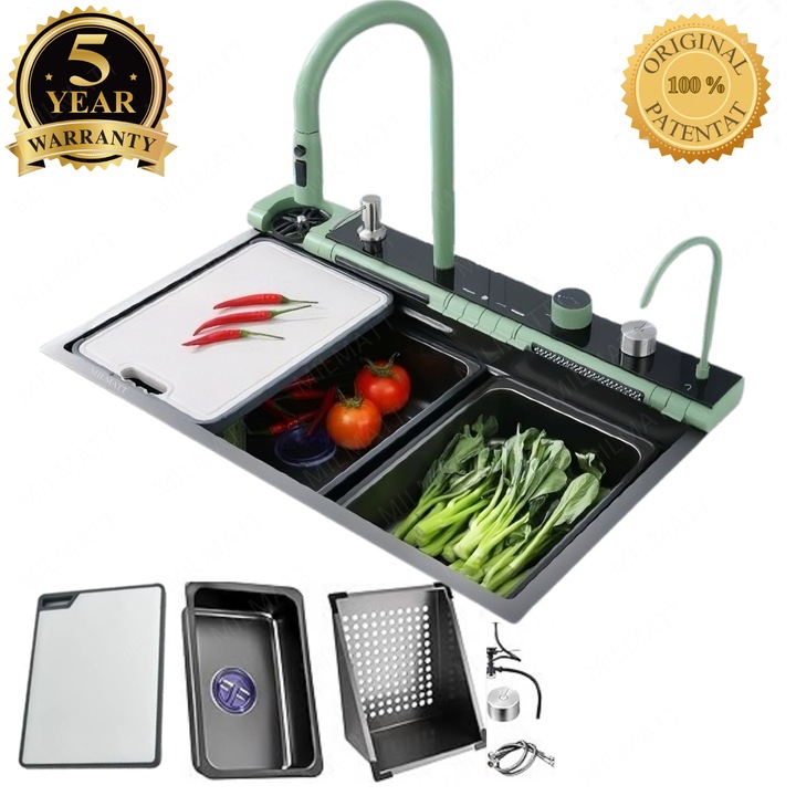 Set chiuveta bucatarie, Milmatt, multifunctionala, cu afisaj led, baterie cu dus extractibil, 2 cascade, dispozitiv spalare pahare, dozator sapun, robinet apa purificata, otel inoxidabil 3 mm, culoare negru cu verde, 750x460 mm