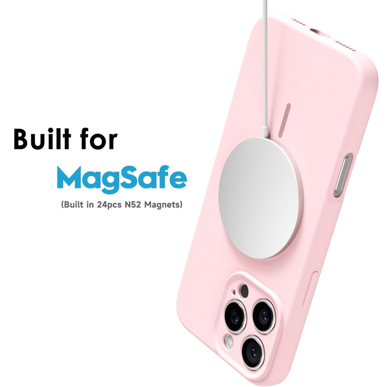 Husa Telefon din Silicon Roz, Compatibila cu MagSafe si iPhone 16 Pro, Rezistenta la Socuri, Prietenos cu Pielea, Margini Ridicate pentru Protectia Ecranului si Camerelor, Suprafata Anti-amprenta, Instalare Usoara Fara Scratch