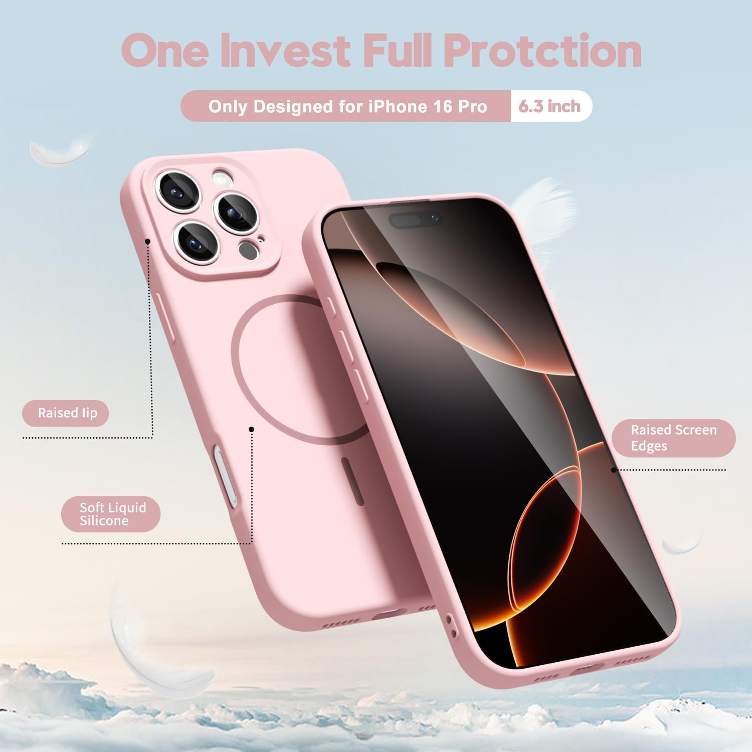 Husa Telefon din Silicon Roz, Compatibila cu MagSafe si iPhone 16 Pro, Rezistenta la Socuri, Prietenos cu Pielea, Margini Ridicate pentru Protectia Ecranului si Camerelor, Suprafata Anti-amprenta, Instalare Usoara Fara Scratch
