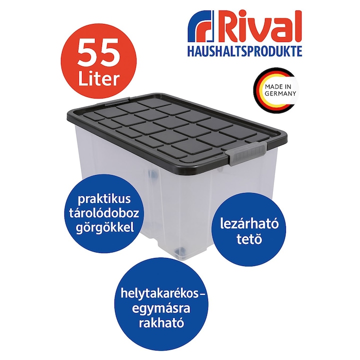 Euro-Box tároló doboz tetővel és kerékkel, nagy, 55 L, 60 x 40 x 34 cm - Antracit tetővel