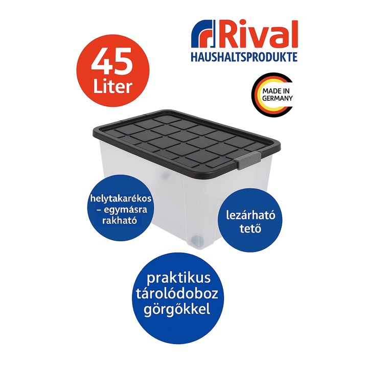 Euro-Box tároló doboz tetővel és kerékkel, light, 45 L, 40,5 x 29 x 20,5 cm - Antracit tetővel