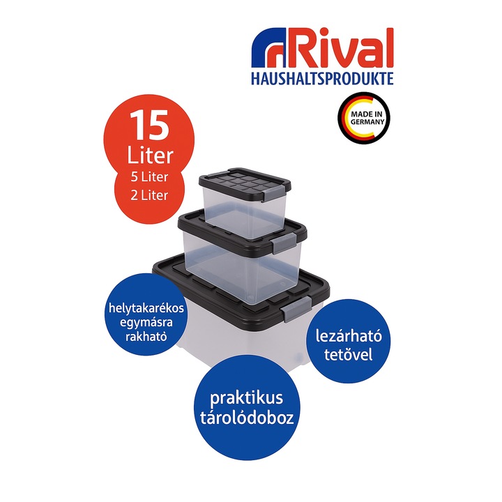 Euro-Box közepes 3 db-os tároló doboz szett - 1 db közepes, 1 db kicsi, 1 db mini - Antracit Tetővel