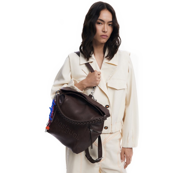 Geanta si rucsac, 2 in 1, de dama, de mana si umar, Desigual, seria Half Logo Arica, Maro ciocolata