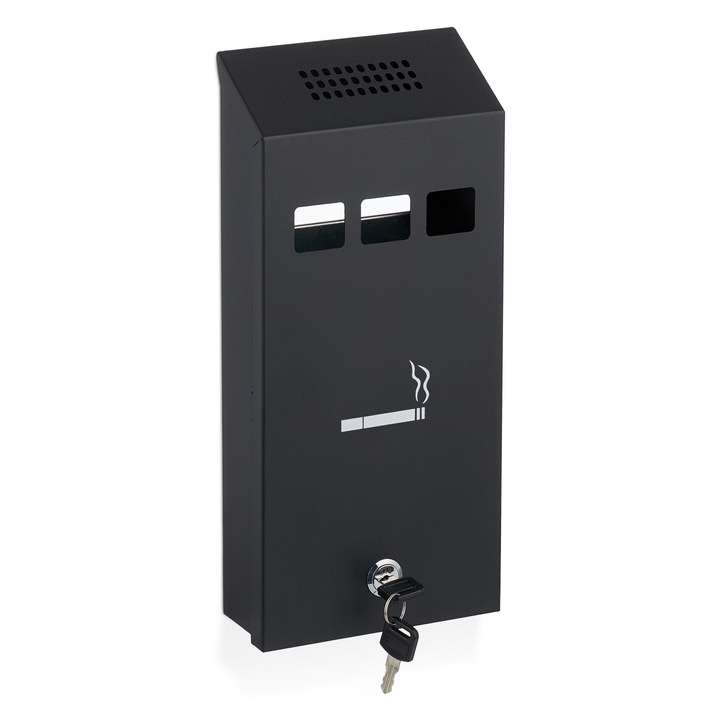 Scrumiera de perete pentru exterior, din fier, suport tigari cu capacitate 0, 8 L, recipient detasabil si inchidere cu cheie, negru, 32.5 x 15 cm