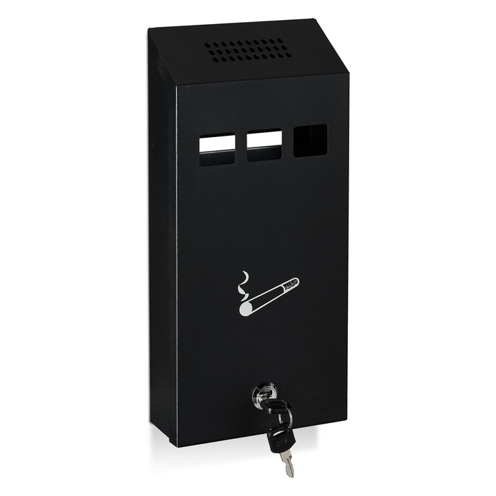 Scrumiera de perete pentru exterior, din fier, rezistenta la intemperii, cu cheie si recipient interior detasabil, negru, 32 x 15 x 6 cm