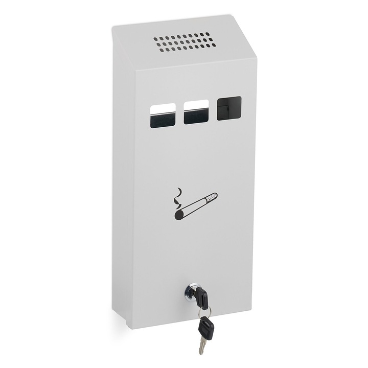 Scrumiera de perete pentru exterior, din fier, rezistenta la intemperii, cu cheie si recipient interior detasabil, alb, 32 x 15 x 6 cm