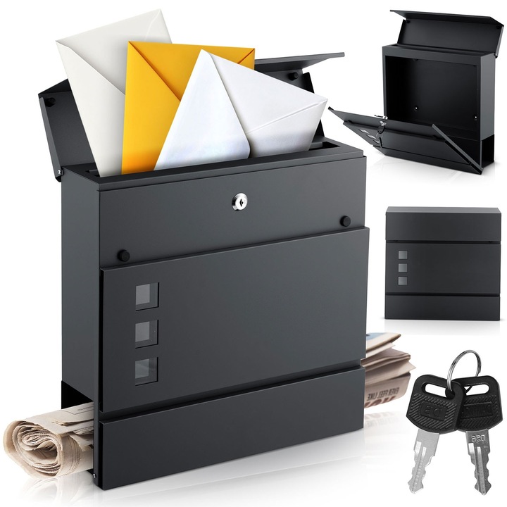 Cutie Postala Premium idealSTORE din Otel Galvanizat, Dimensiuni 37 x 37 x 10, 5 cm Negru Antracit, Moderna si Eleganta, Rezistenta la Intemperii si Coroziune, Incuietoare sigura si 2 chei, Fereastra de Inspectie, Montaj pe Perete
