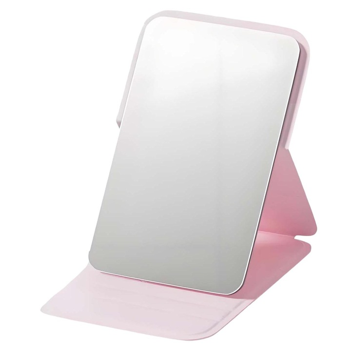 Oglinda cosmetica compacta, 7x10.5cm, roz, cu suport de birou, pliabila si portabila