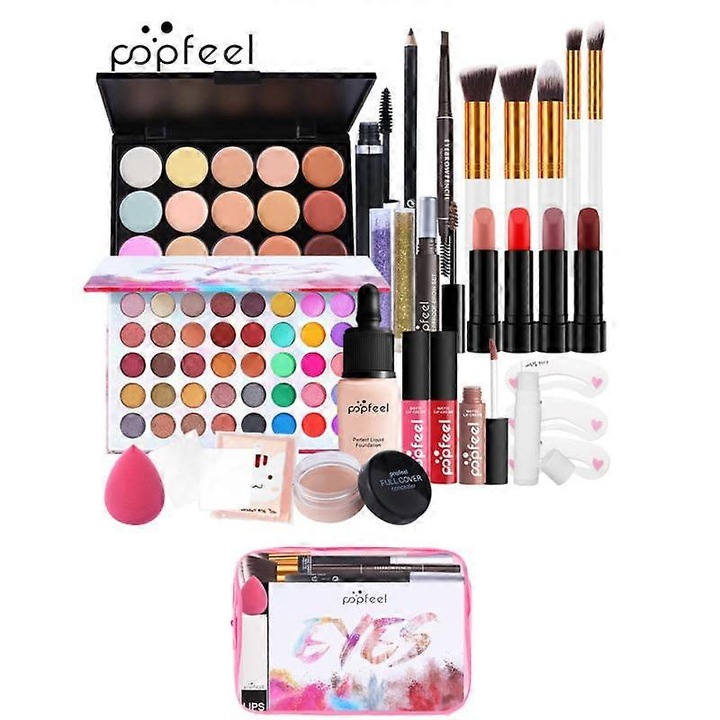 Set trusa de machiaj, 56 piese, accesorii de frumusete, multicolor, pentru toate tipurile de piele, Popfeel