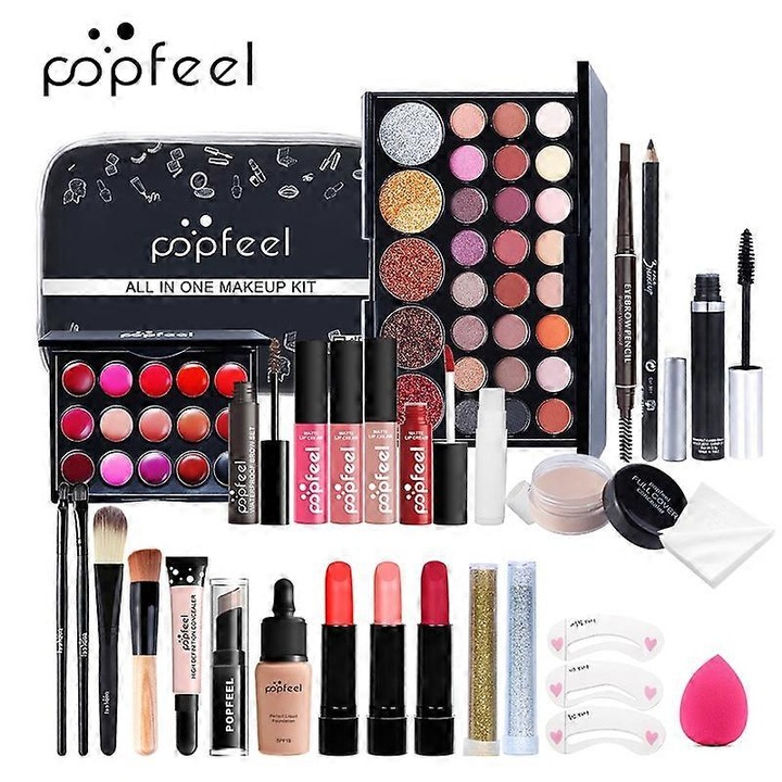 Set trusa de machiaj, 56 piese, accesorii de frumusete, multicolor, pentru incepatori si adolescente