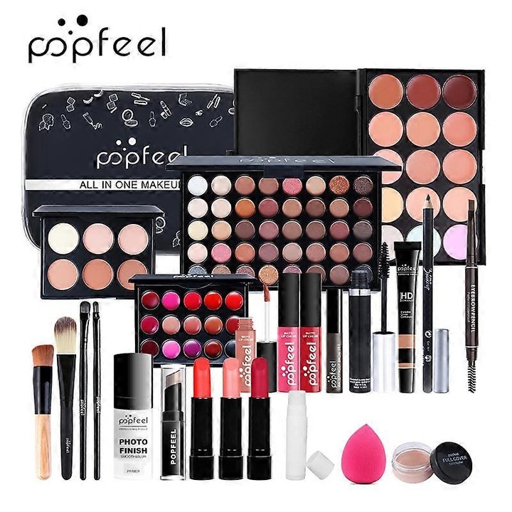 Set trusa de machiaj, 56 piese, accesorii de frumusete, multicolor, pentru toate tipurile de piele