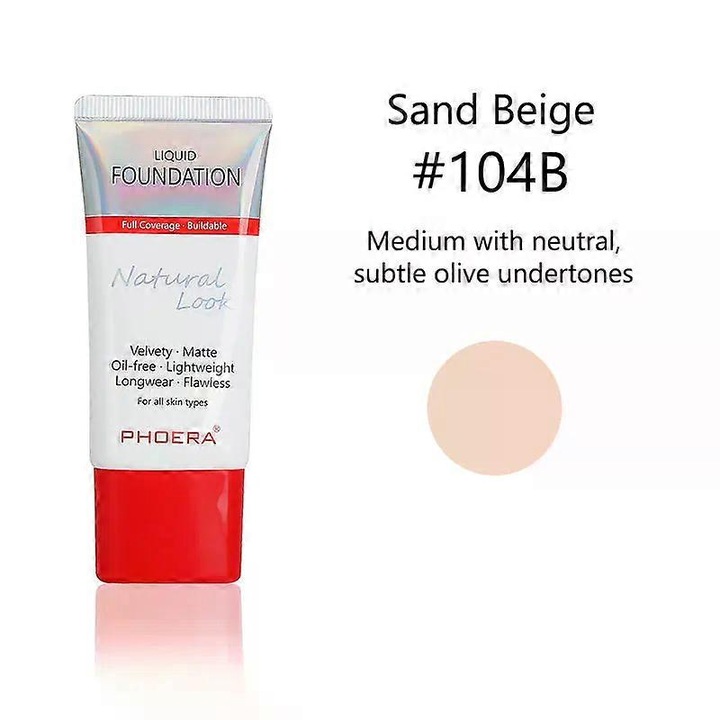 Fond de ten lichid mat, 104B# Sand Beige, acoperire completa, textura usoara, 51g